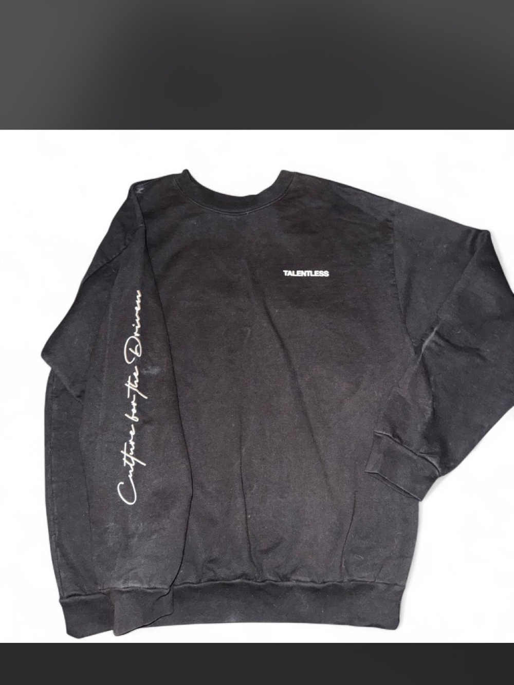 TALENTLESS Black Crewneck Sweatshirt with White Script Sleeve NWOT